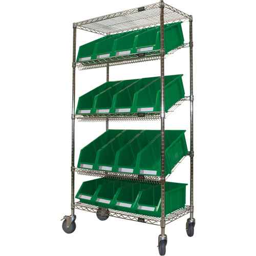 Chariot en treillis métallique à tablettes inclinées avec bacs (RN603)